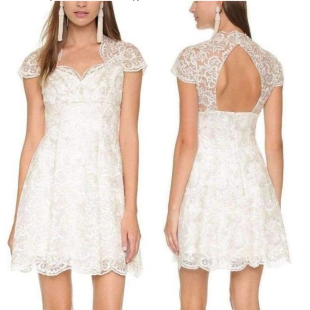 Marchesa Notte Metallic Lace Cap Sleeve Dress